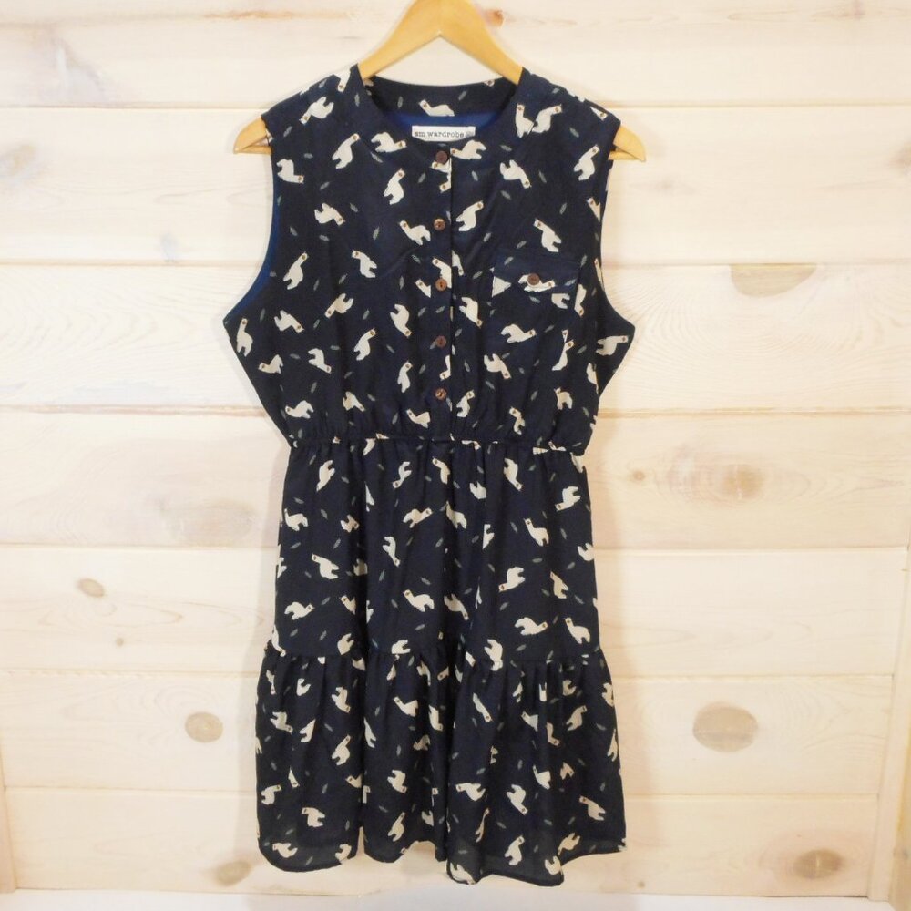 SM Wardrobe Size XL Llama Print Sleeveless Dress 1/2 Button Up Tie Waist Navy